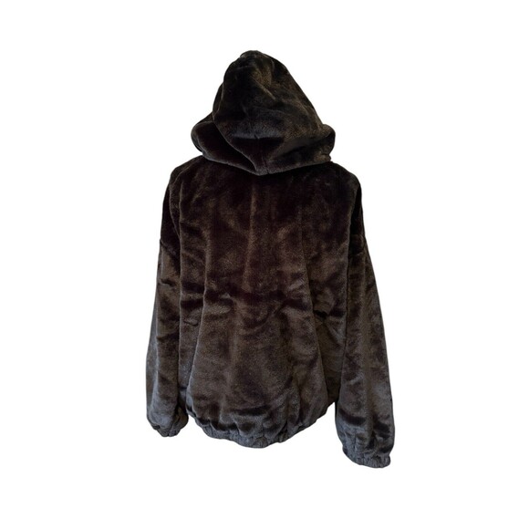 PrettyLittleThing Black Faux Fur Balloon Sleeve Hooded Jacket Women's Size 8 US - Picture 4 of 14
